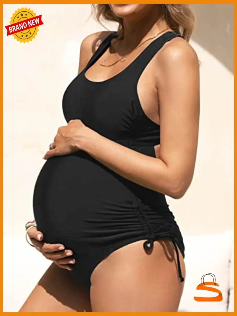 Maternity One Piece Swimsuit Crisscross Back Strappy Side Square Neck